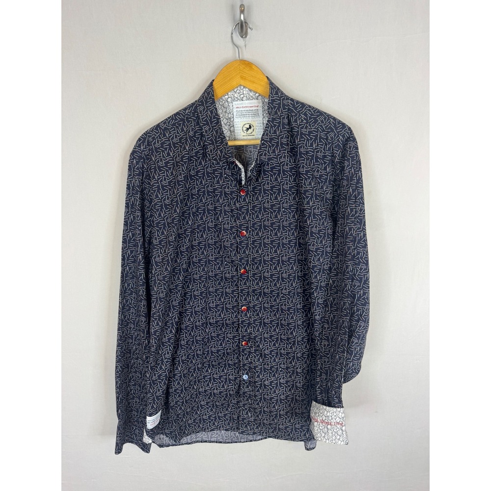 A Fish Named Fred Mens XXL Matchstick Print Button Down Shirt Navy Blue Stretch